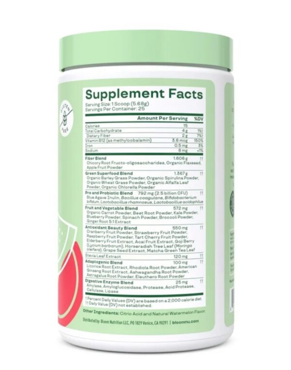 Bloom Nutrition Greens & Superfoods Powder, Watermelon, 30 Servings - Imagem 2