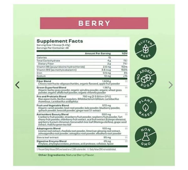 Bloom Nutrition Greens & Superfoods Powder, Berry , 48servi - Imagem 2